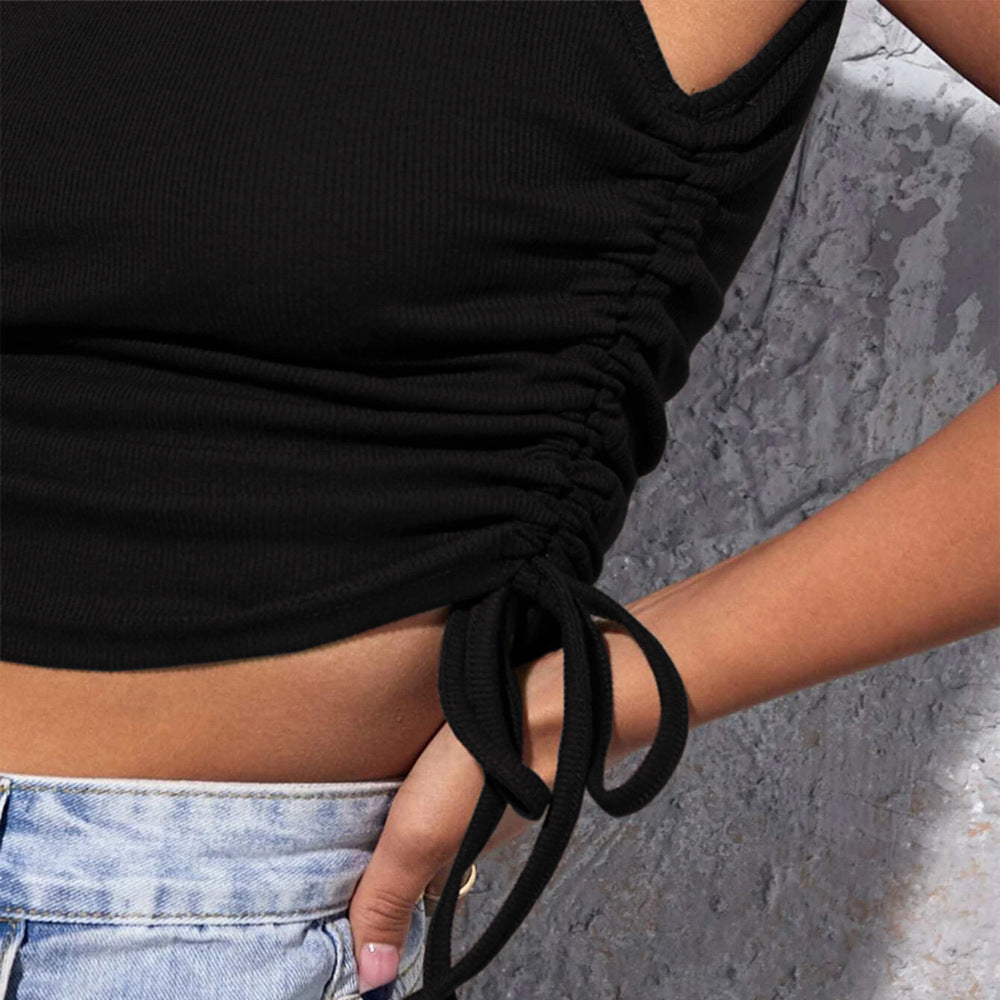 Mock Neck Side Ruched Sleeveless Top - Black - 1