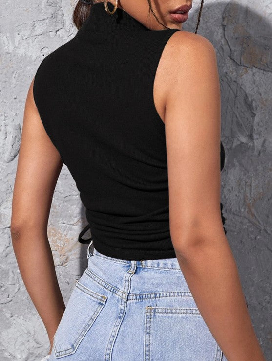 Mock Neck Side Ruched Sleeveless Top - Black - 3
