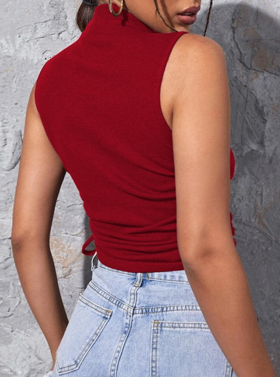 Mock Neck Side Ruched Sleeveless Top - Red - 1