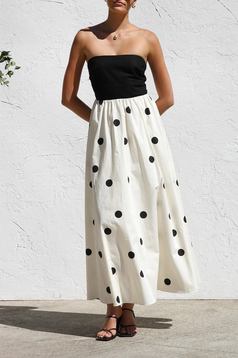 Strapless Bandeau Polka Dot Maxi Dress - white
