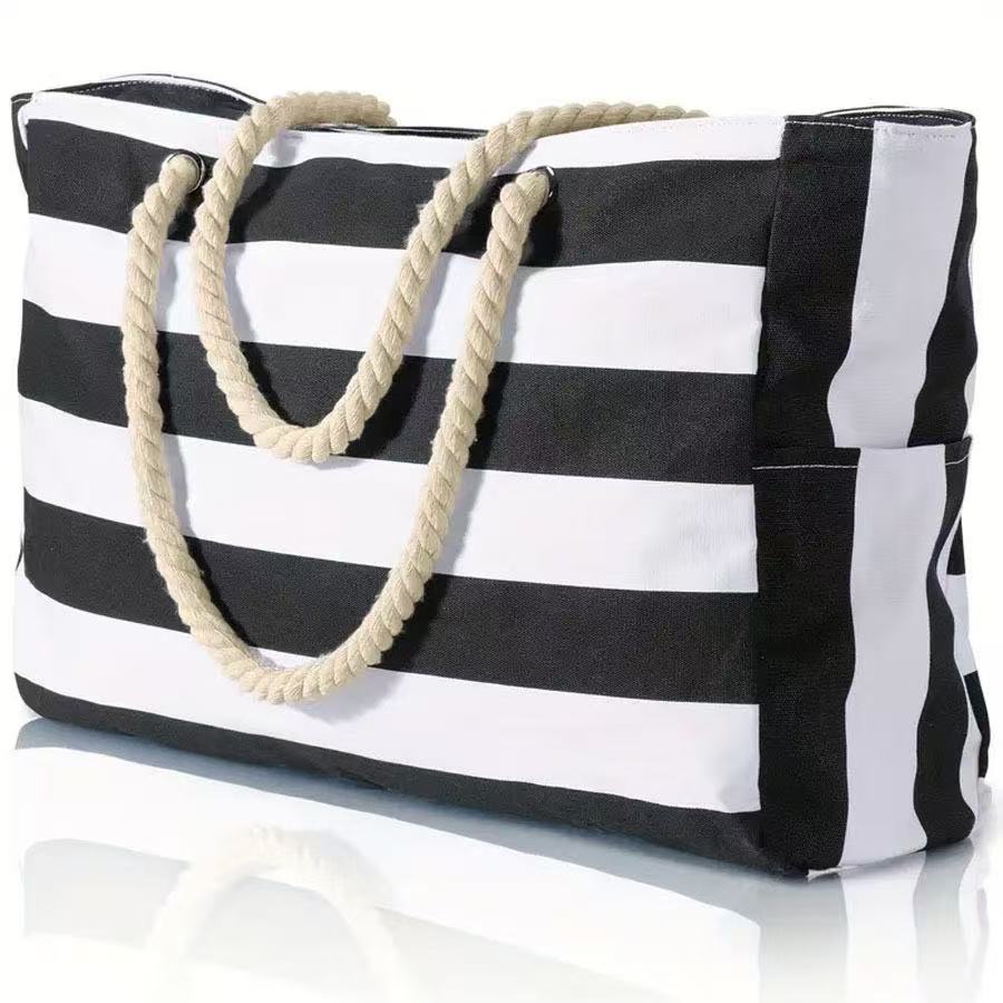 Waterproof Beach Tote Bag With Cabana Stripes - Black
