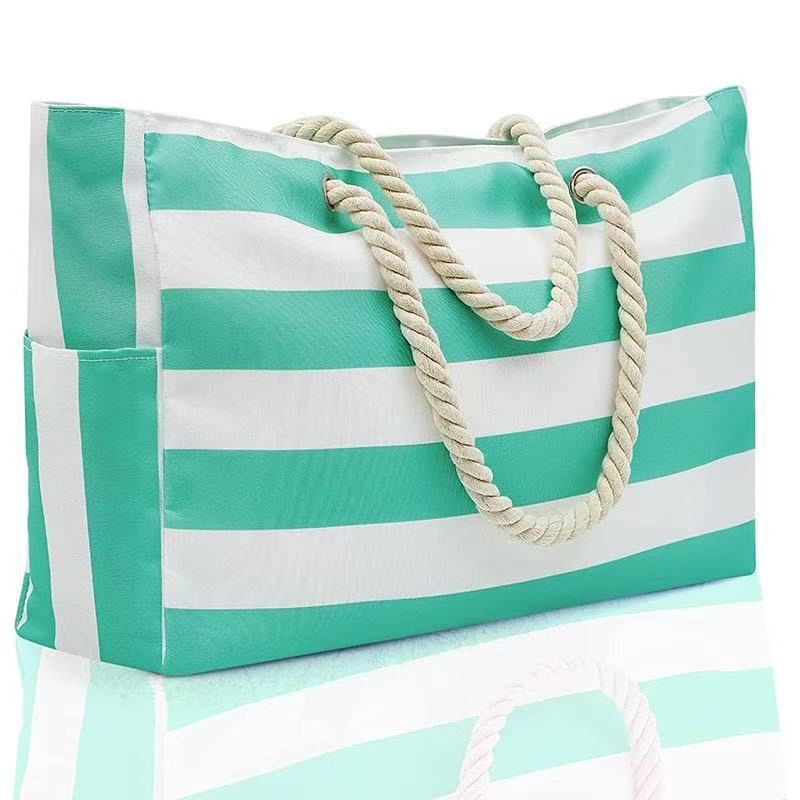 Waterproof Beach Tote Bag With Cabana Stripes - Green