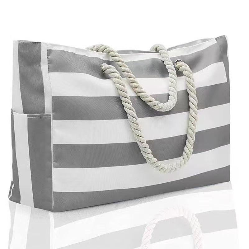 Waterproof Beach Tote Bag With Cabana Stripes - Grey