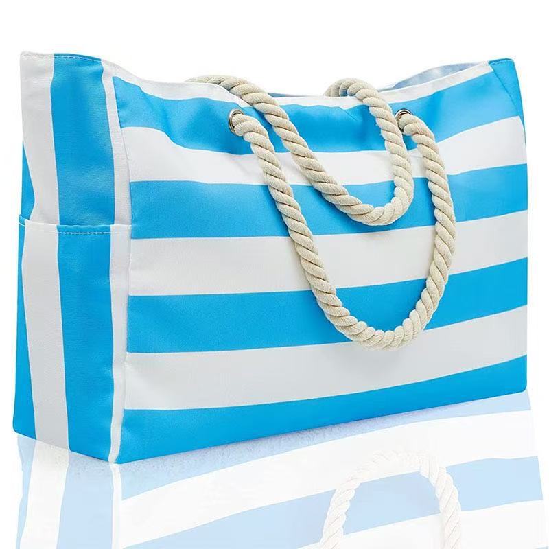 Waterproof Beach Tote Bag With Cabana Stripes - LakeBlue