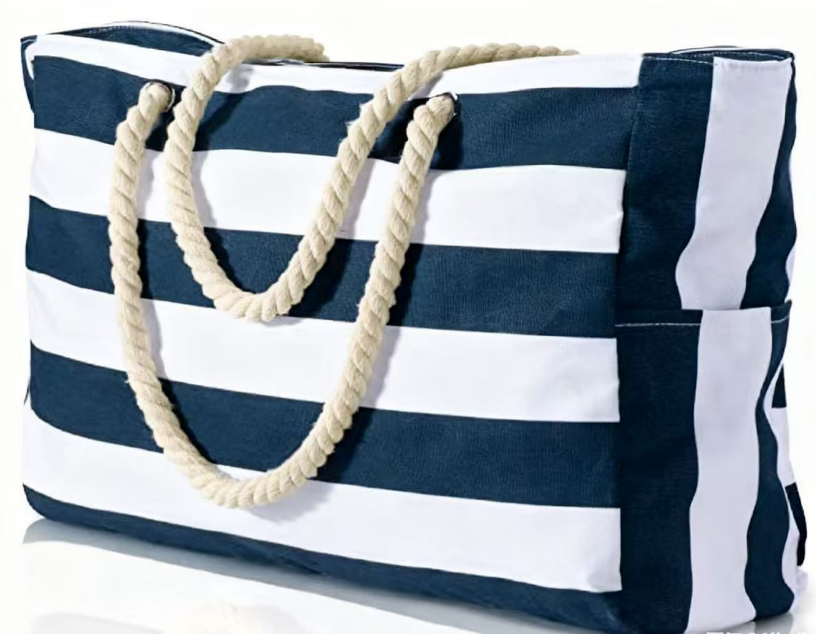 Waterproof Beach Tote Bag With Cabana Stripes - NavyBlue