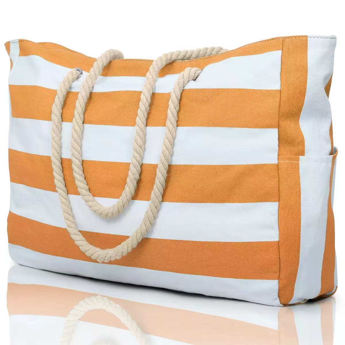Waterproof Beach Tote Bag With Cabana Stripes - Orange