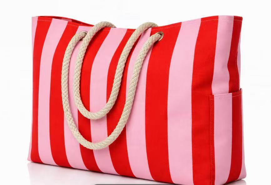 Waterproof Beach Tote Bag With Cabana Stripes - Red