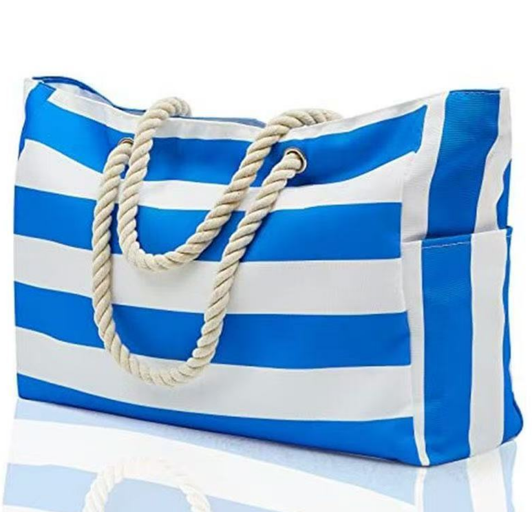 Waterproof Beach Tote Bag With Cabana Stripes - TBlue - 1