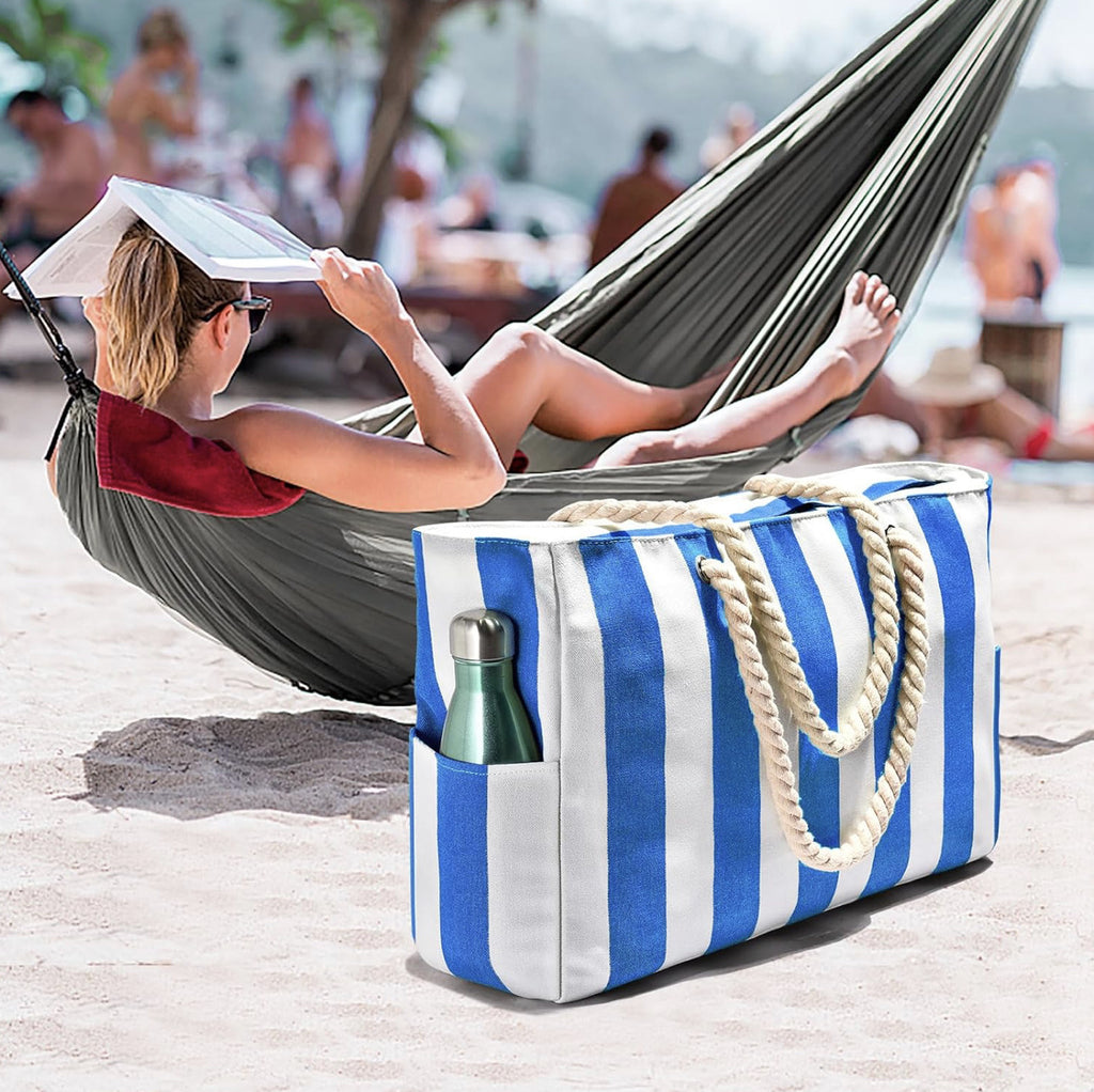 Waterproof Beach Tote Bag With Cabana Stripes - TBlue - 4