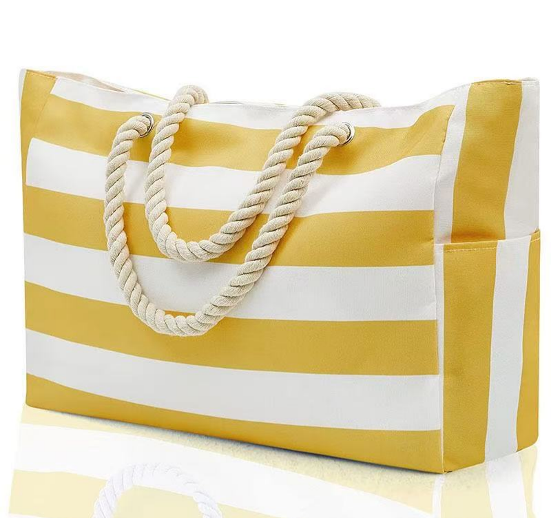 Waterproof Beach Tote Bag With Cabana Stripes - Yellow