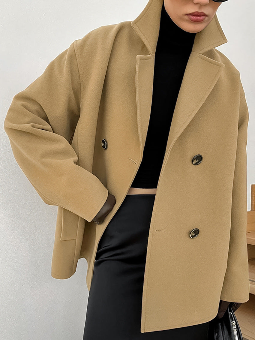 Oversized Double Breasted Lapel Jacket - khaki - 17