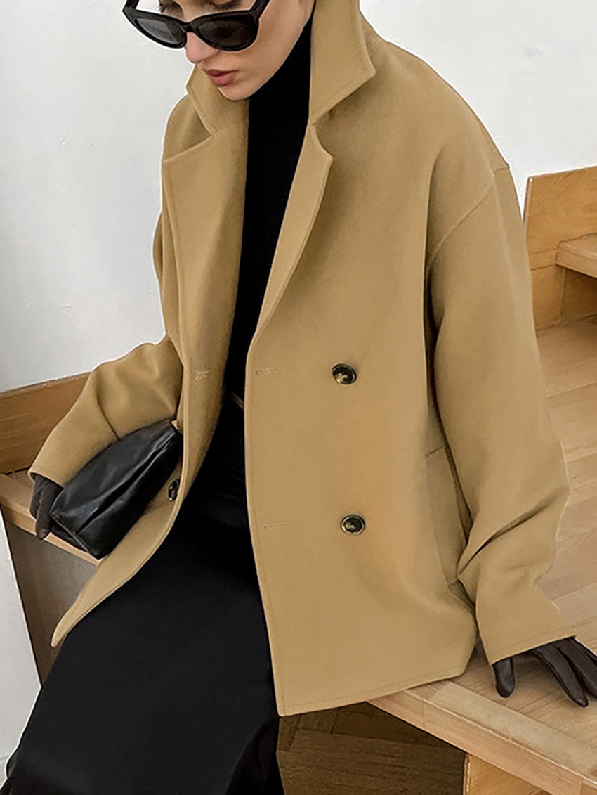 Oversized Double Breasted Lapel Jacket - khaki - 18