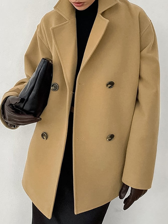 Oversized Double Breasted Lapel Jacket - khaki - 20