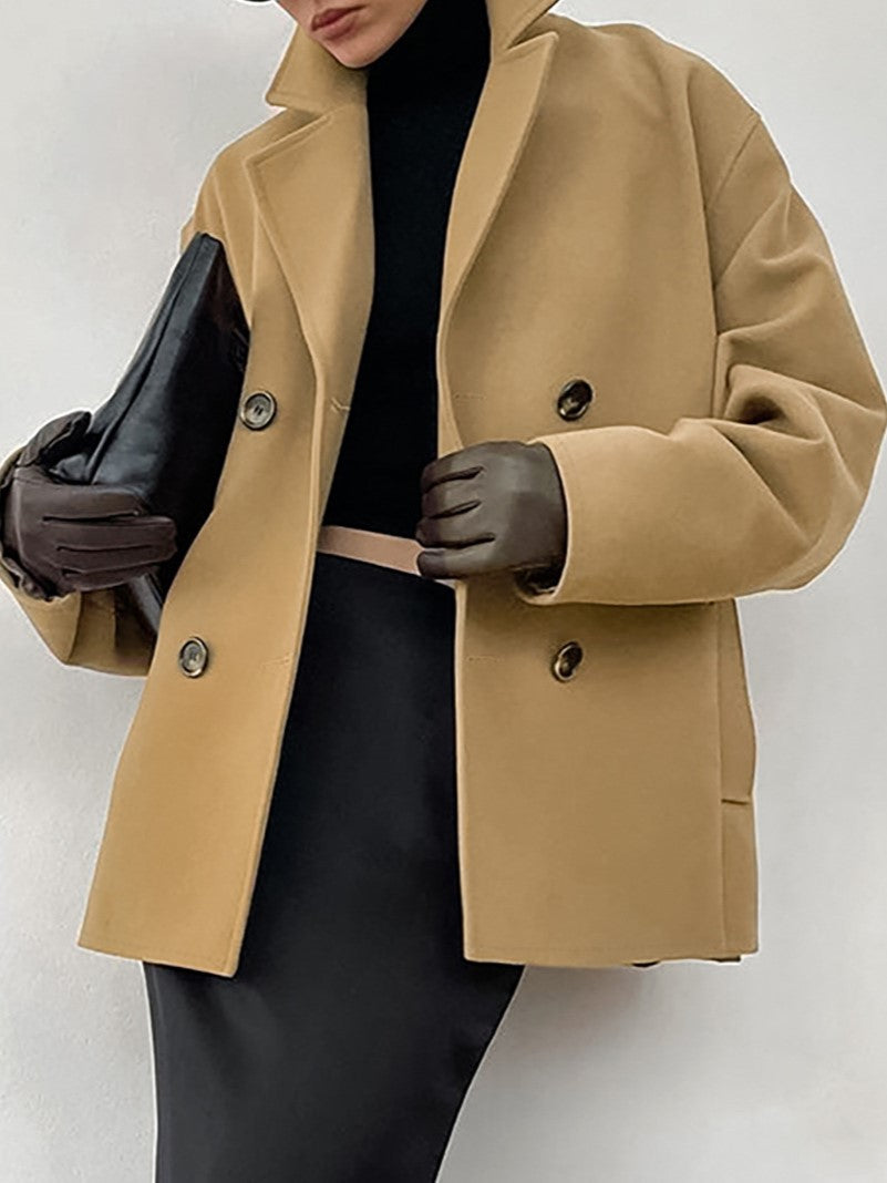 Oversized Double Breasted Lapel Jacket - khaki - 21