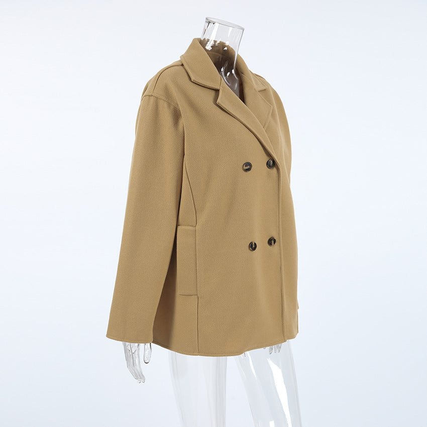 Oversized Double Breasted Lapel Jacket - khaki - 3
