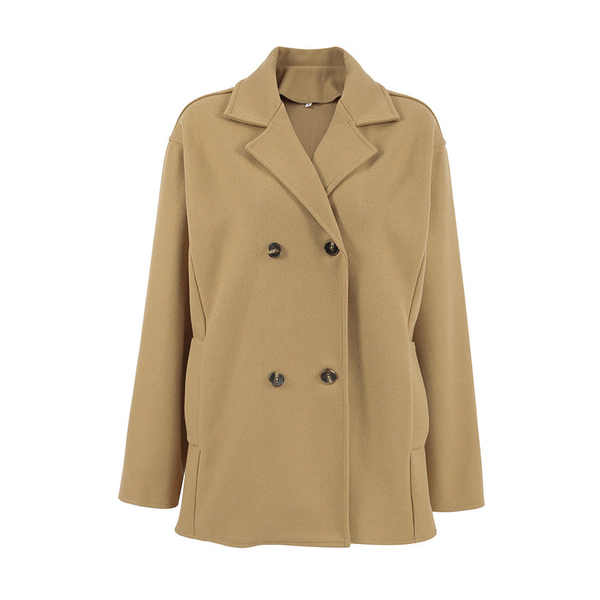 Oversized Double Breasted Lapel Jacket - khaki - 4