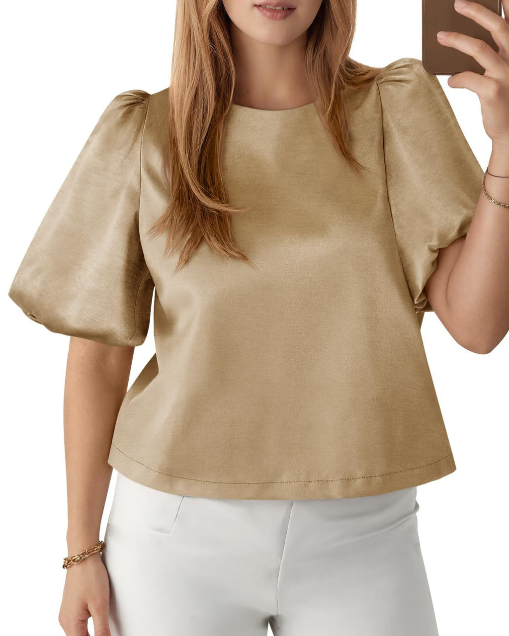 Bubble Sleeve Boxy Satin Blouse - Apricot