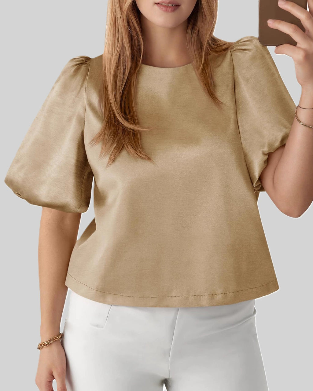 Bubble Sleeve Boxy Satin Blouse - Apricot - 1