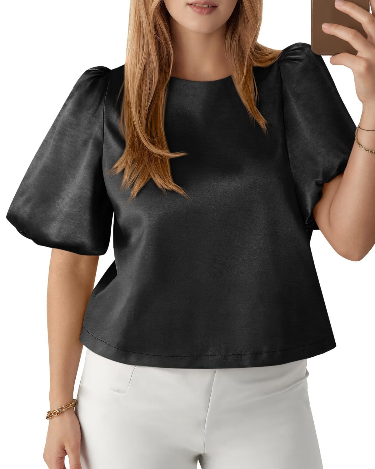 Bubble Sleeve Boxy Satin Blouse - Black