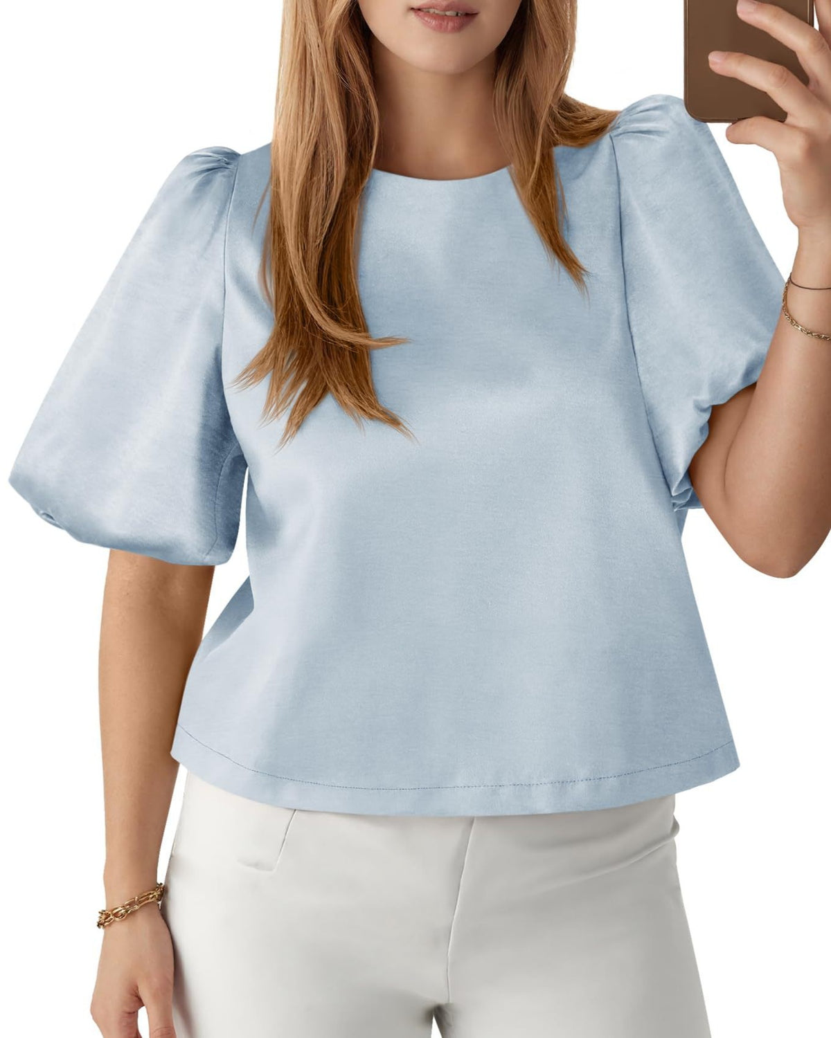 Bubble Sleeve Boxy Satin Blouse - Light-Blue