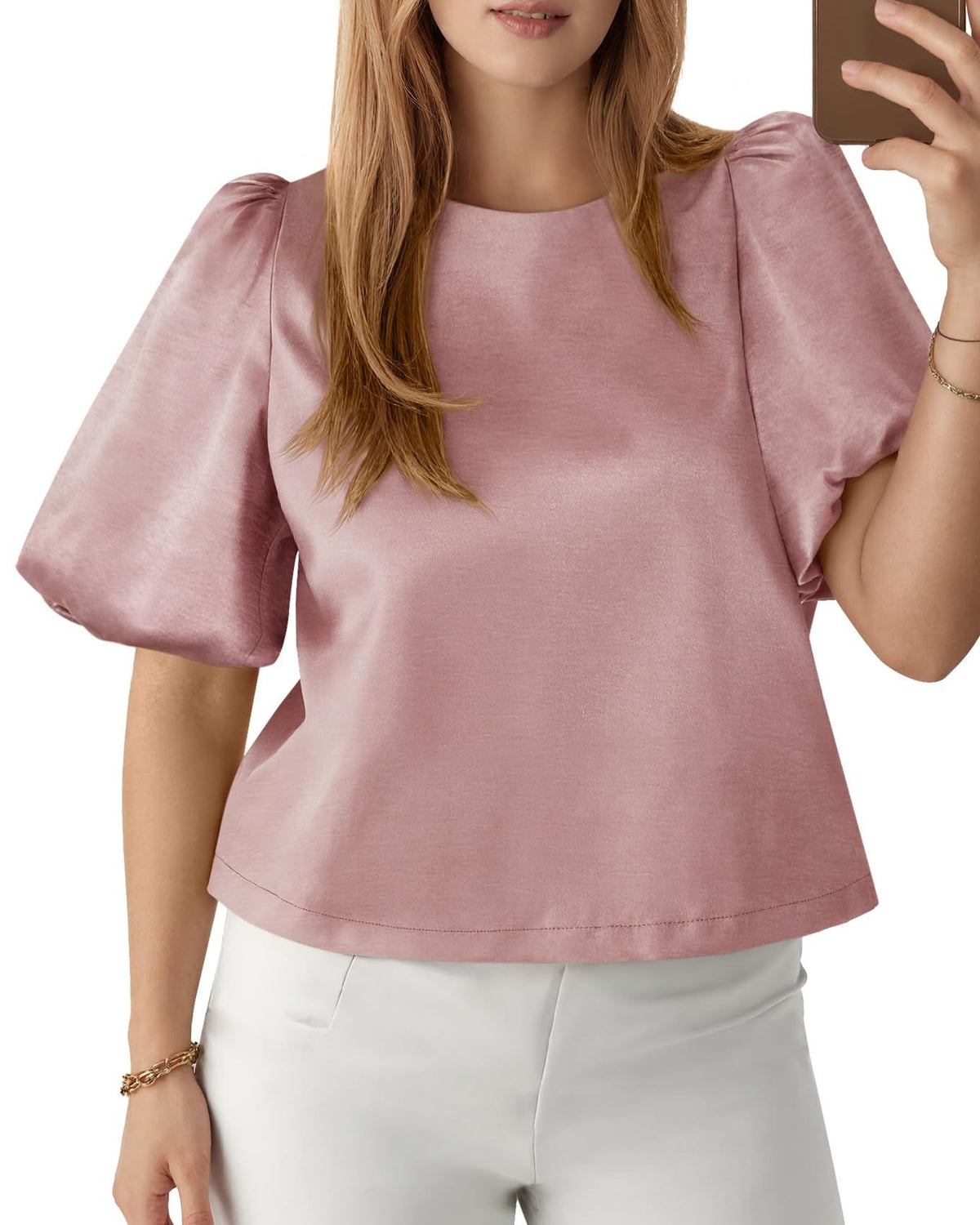 Bubble Sleeve Boxy Satin Blouse - Pink