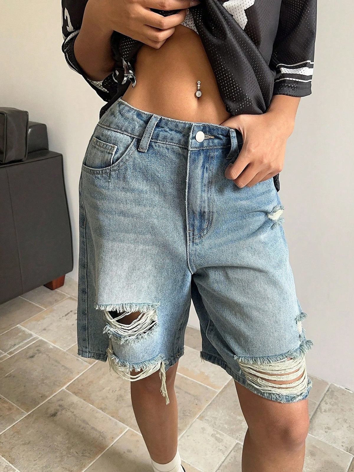Light Wash Ripped Denim High Waist Bermuda Shorts - Light Blue