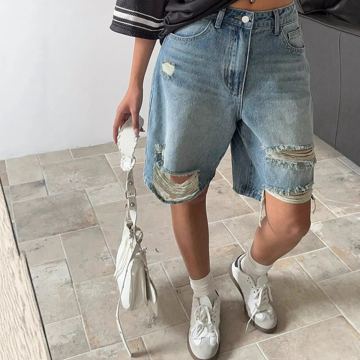 Light Wash Ripped Denim High Waist Bermuda Shorts