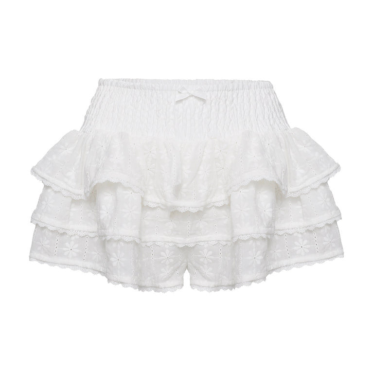 Tiered Ruffle Lace Trim Shorts - White