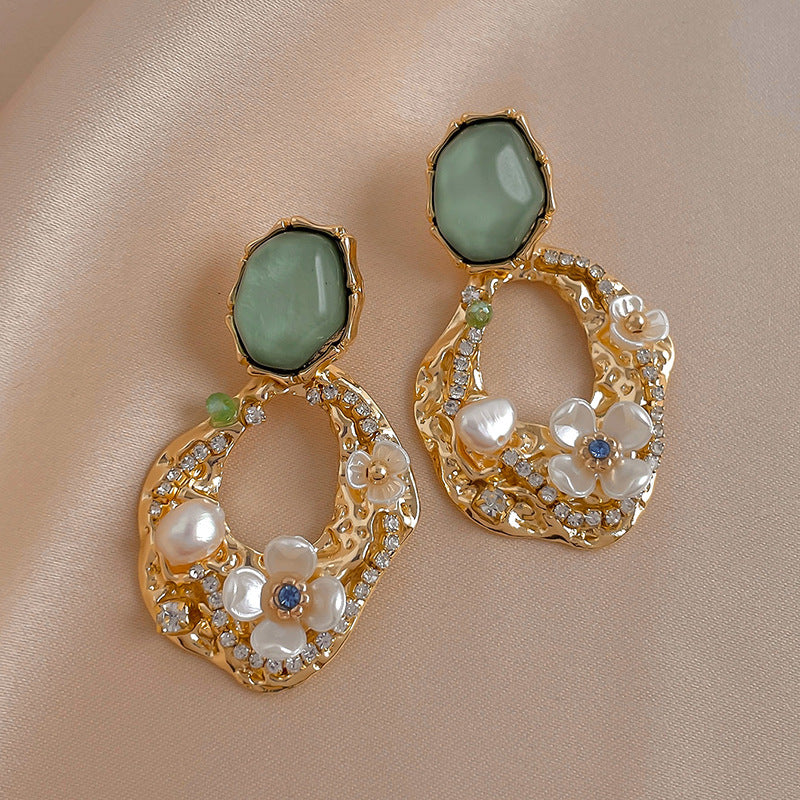 Green Stone Pearl Flower Drop Earrings - Color