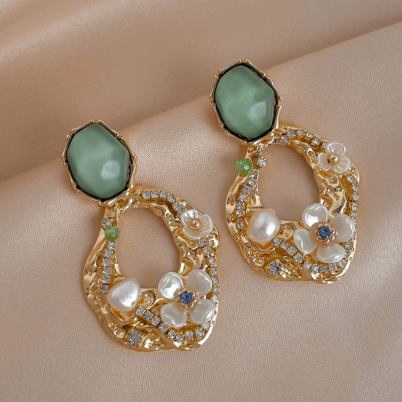 Green Stone Pearl Flower Drop Earrings - Color - 1