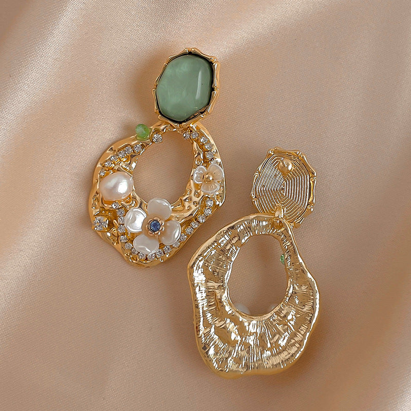 Green Stone Pearl Flower Drop Earrings - Color - 2