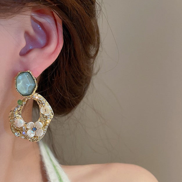 Green Stone Pearl Flower Drop Earrings - Color - 3