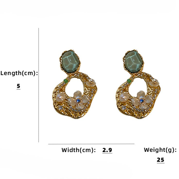 Green Stone Pearl Flower Drop Earrings - Color - 4