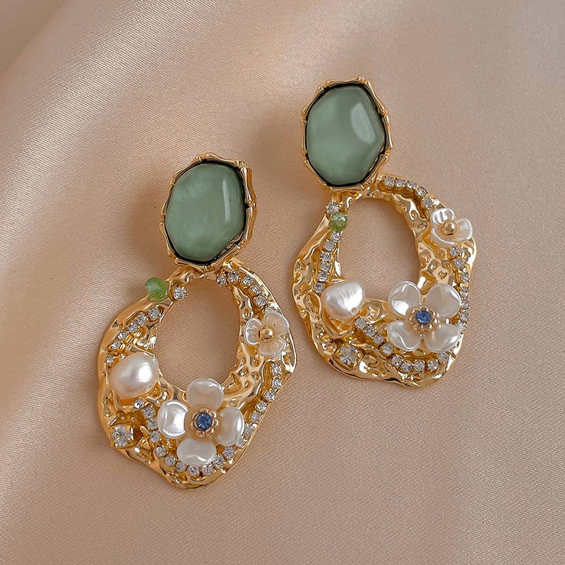 Green Stone Pearl Flower Drop Earrings