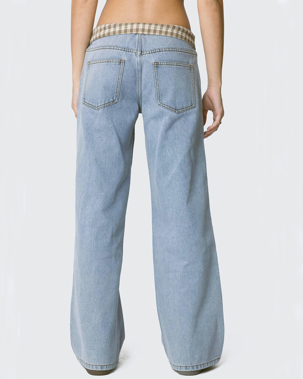 Baggy Low Rise Jeans With Checked Waist - Light-Blue