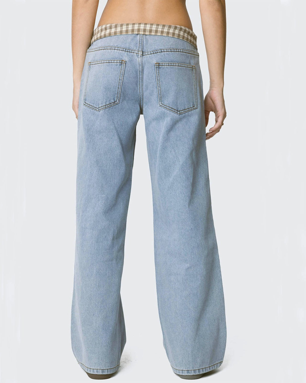 Baggy Low Rise Jeans With Checked Waist - Light-Blue