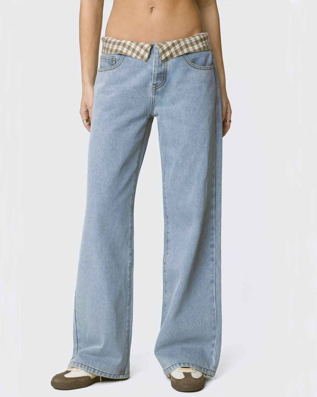 Baggy Low Rise Jeans With Checked Waist - Light-Blue - 1