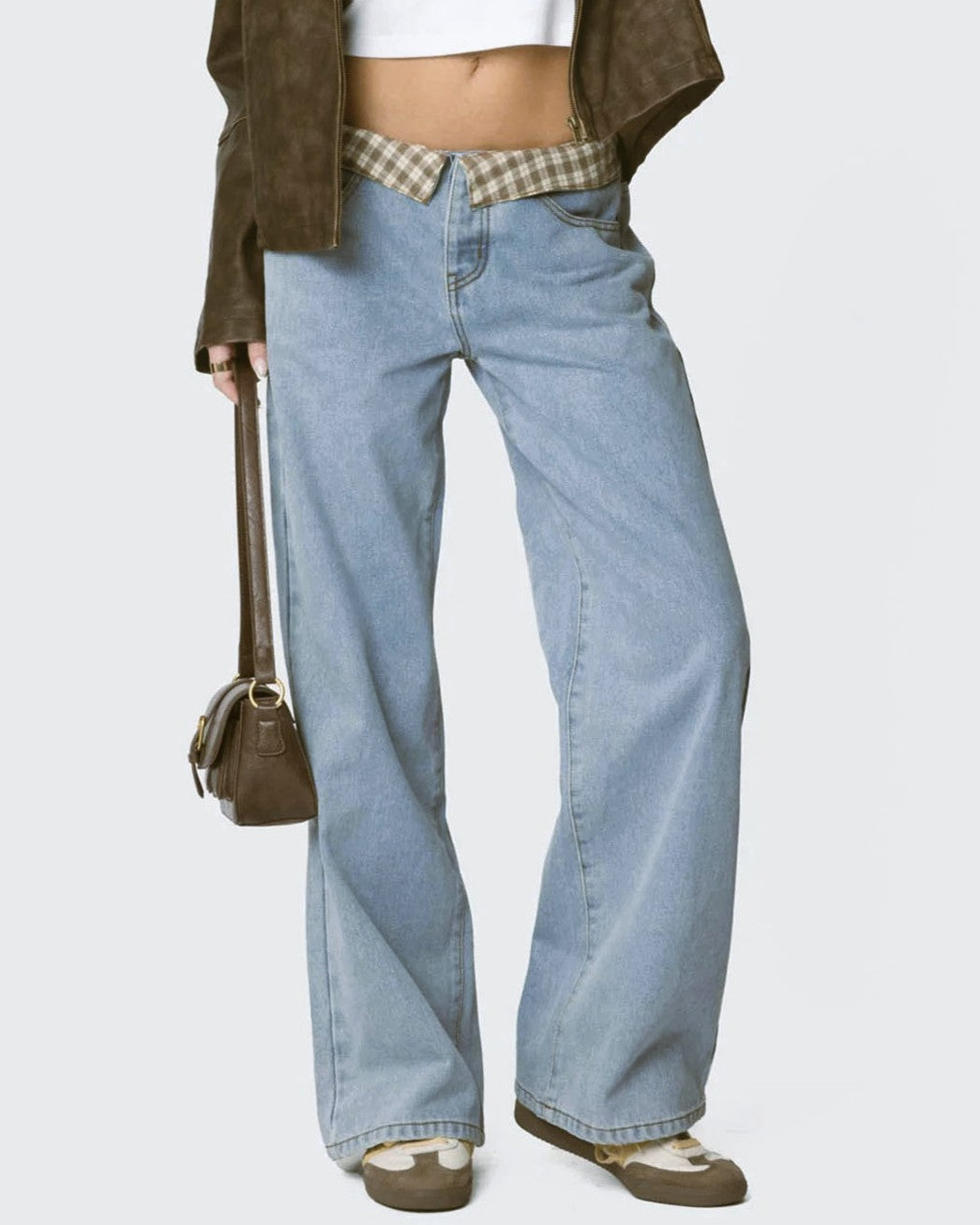 Baggy Low Rise Jeans With Checked Waist - Light-Blue - 2