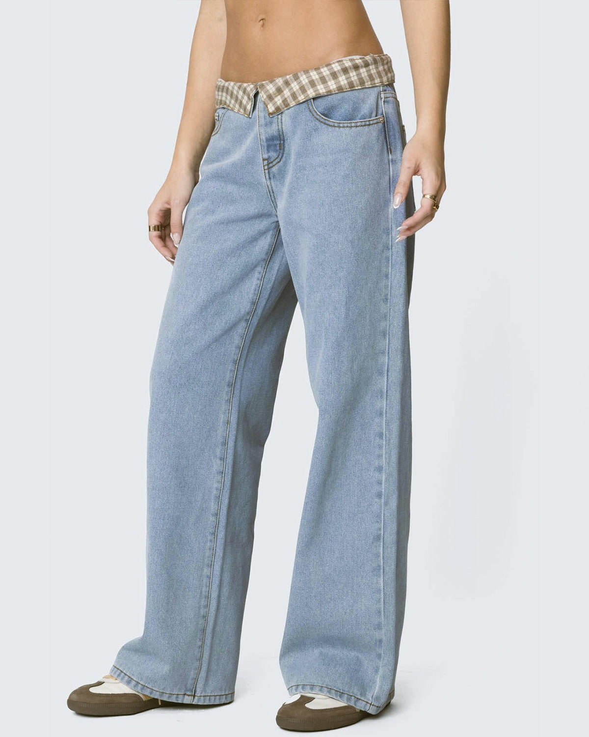 Baggy Low Rise Jeans With Checked Waist - Light-Blue - 3