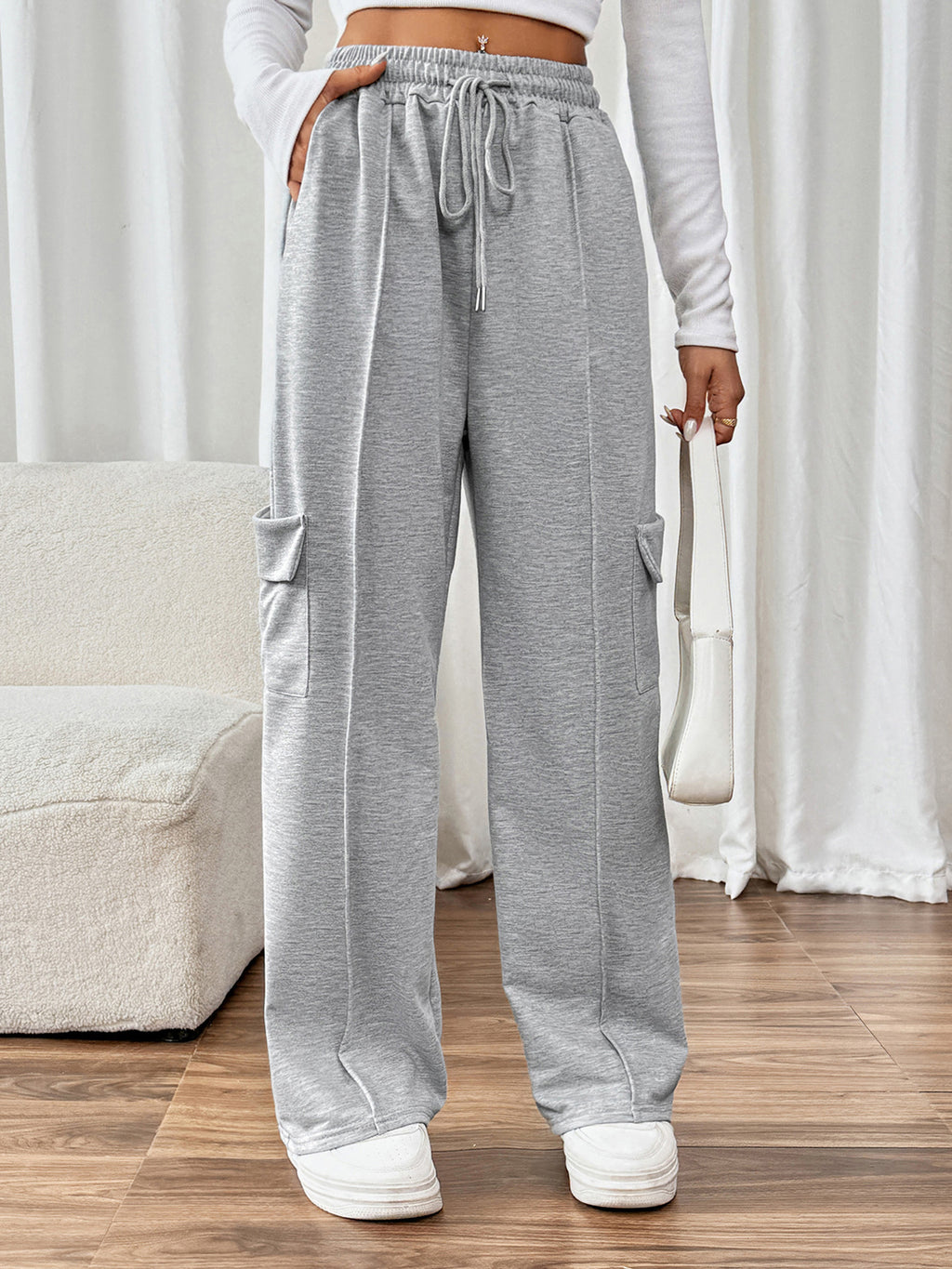 Cargo Pocket Wide Leg Drawstring Trousers - Grey