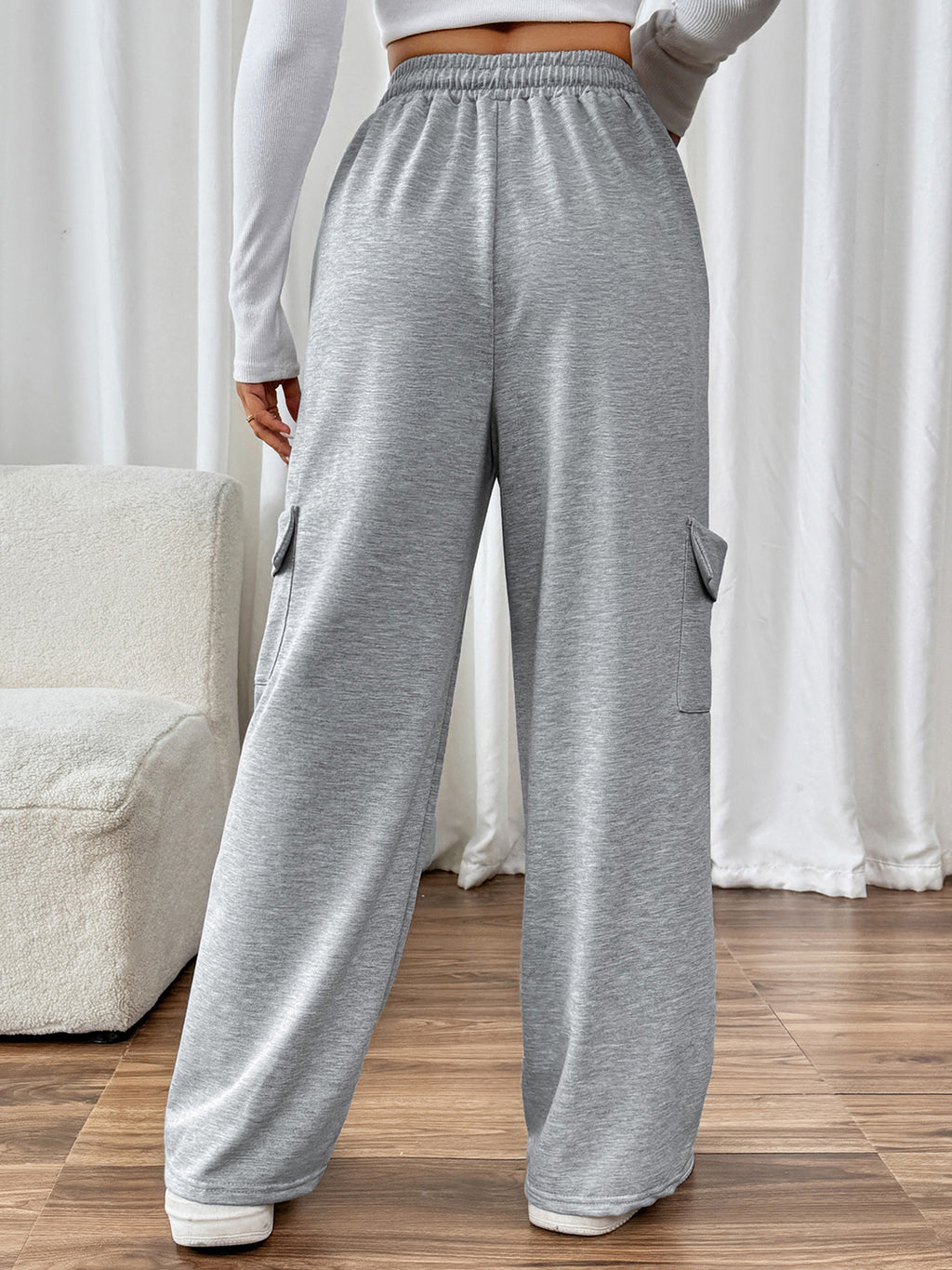 Cargo Pocket Wide Leg Drawstring Trousers - Grey - 2