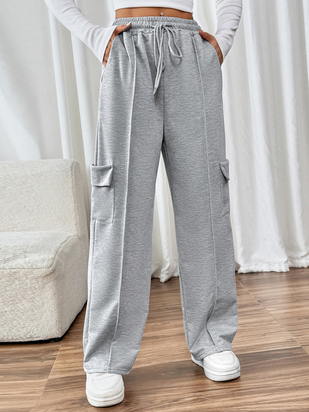 Cargo Pocket Wide Leg Drawstring Trousers - Grey - 6