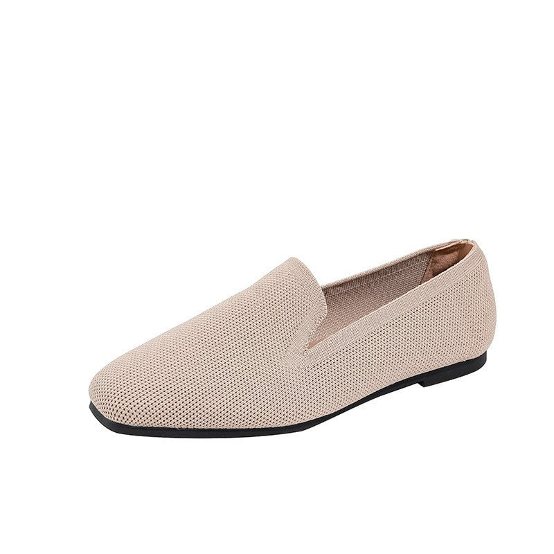 Square Toe Knit Loafer Flats - Beige