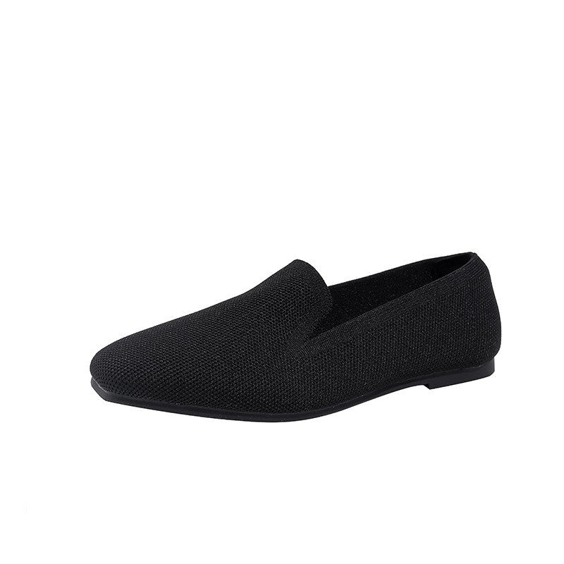 Square Toe Knit Loafer Flats - Black