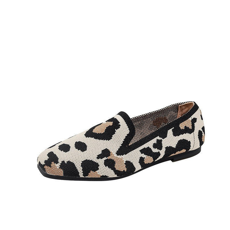 Square Toe Knit Loafer Flats - Leopard