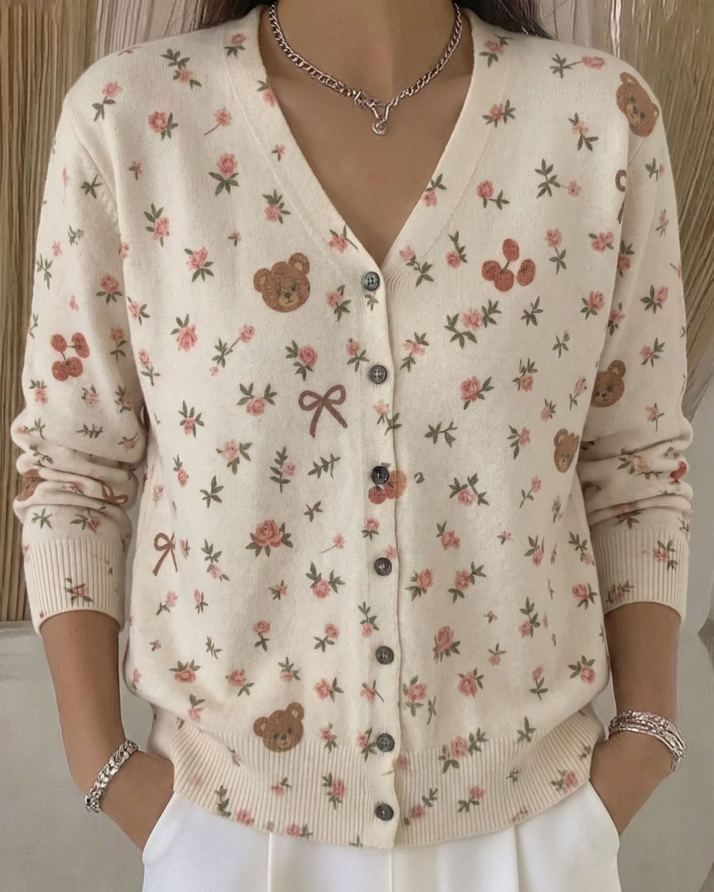 Ditsy Floral Button-Front Knit Cardigan - Bear