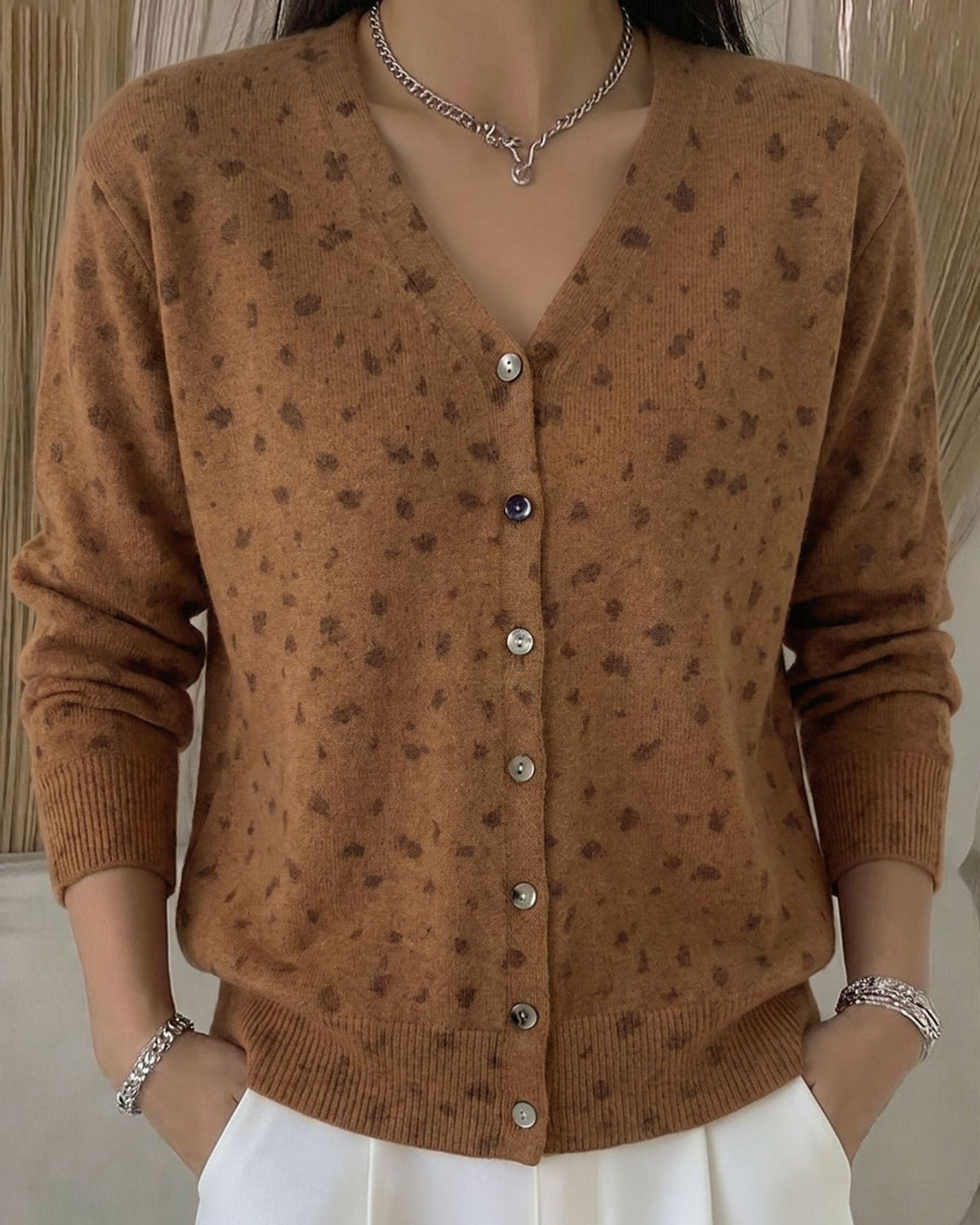 Ditsy Floral Button-Front Knit Cardigan - Caramel