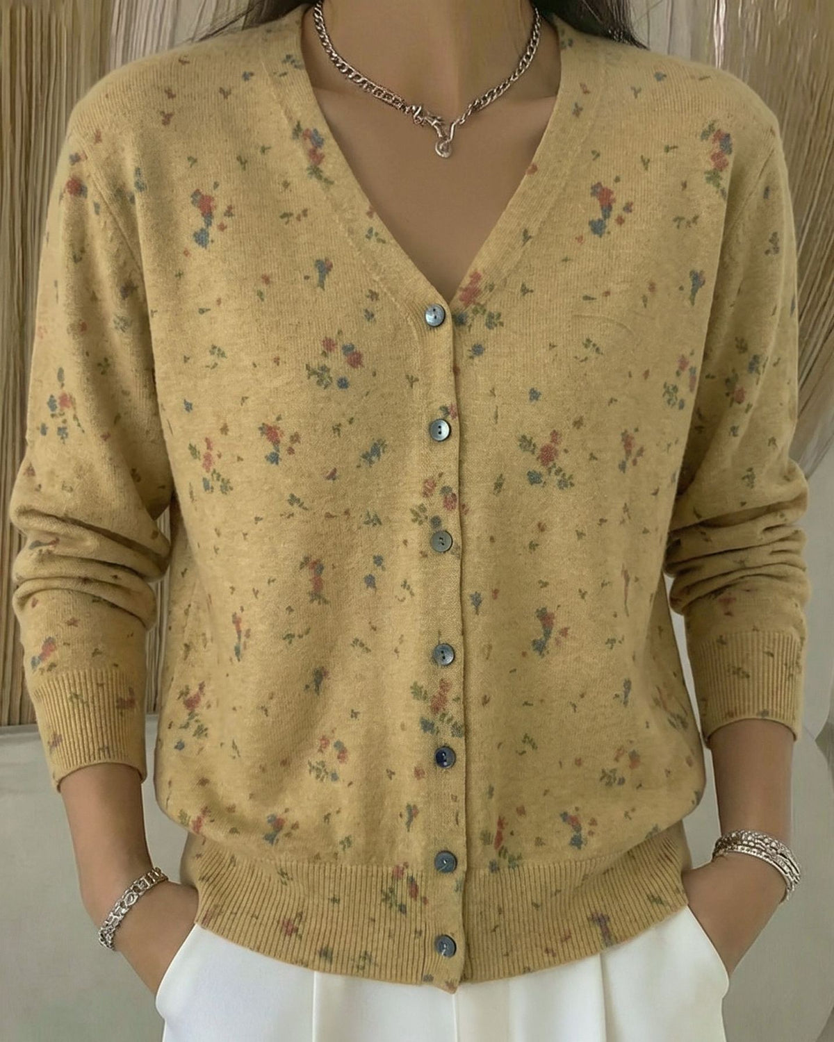 Ditsy Floral Button-Front Knit Cardigan - Ginger