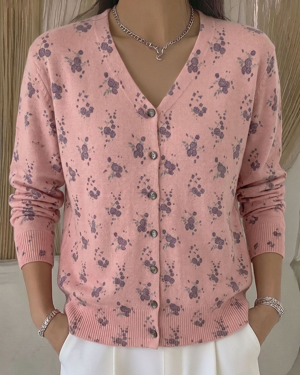 Ditsy Floral Button-Front Knit Cardigan - Pink