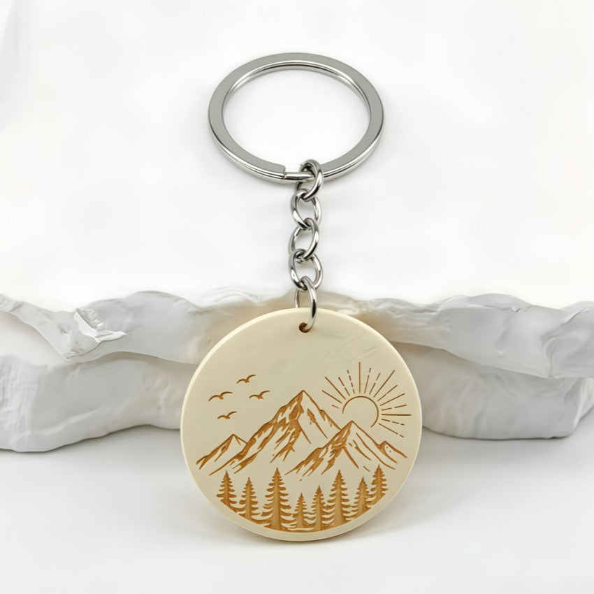 Mountain Sunrise Wood Keychain With Etched Pines - Beige